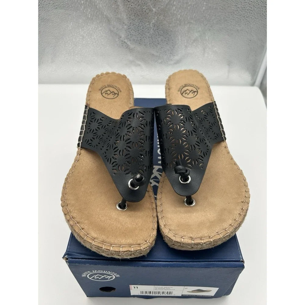New White Mountain Beaux Perforated Thong Espadrille Wedge Sandals Black Size 11